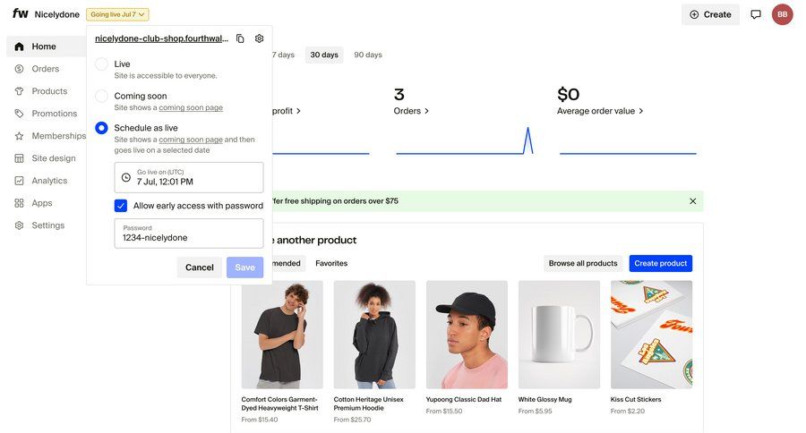 Fourthwall
			 settings e-commerce dashboard sidebar navigation grid onboarding product discovery guide setup tips analytics ui page example