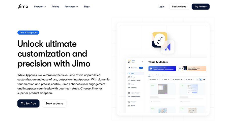 Jimo
			product page feature tools free tier features vs guided tour dashboard layouts real-time editing connect service campaign creation ui page example
