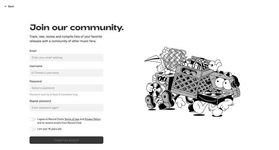 Record club
			 onboarding form account creation full-screen layout free account auth signup create new account register ui page example