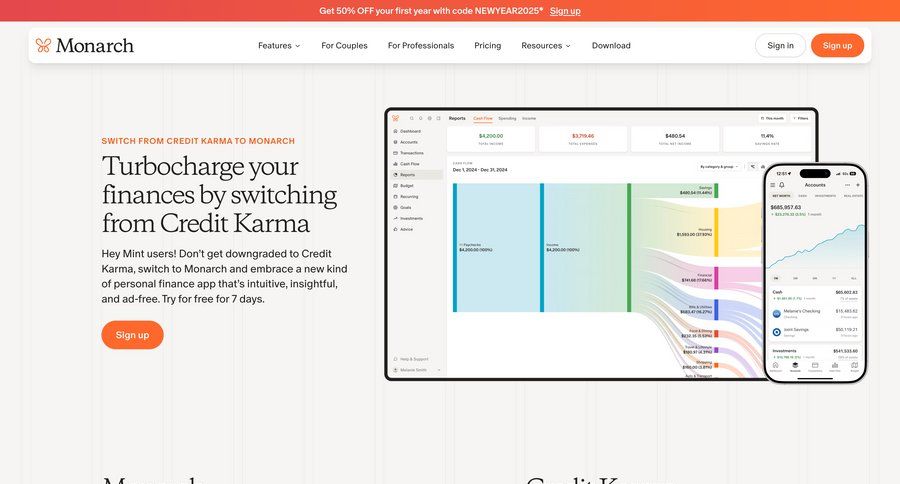 Monarch
			 features management features vs testimonials timeline ui banking app ux cards ui transaction history download report ui page example