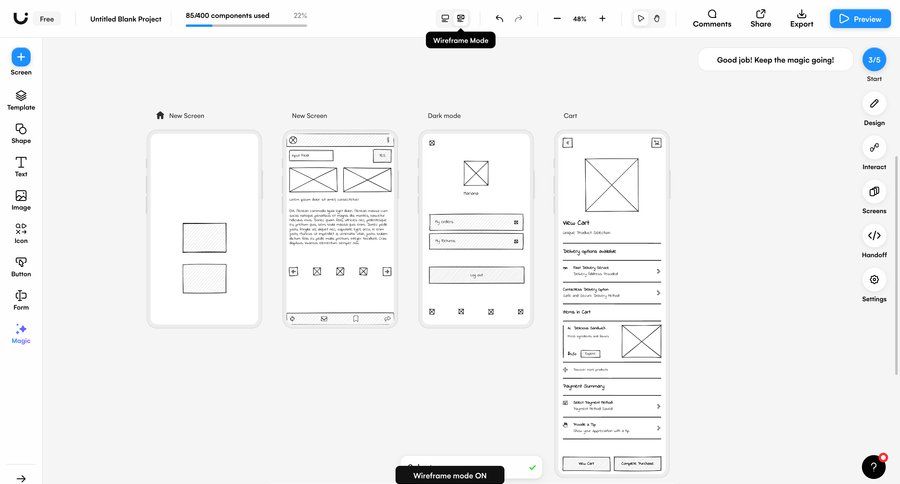 Uizard
			 sidebar navigation design wireframe payment method sidebar progress desktop mobile dark ui ui page example