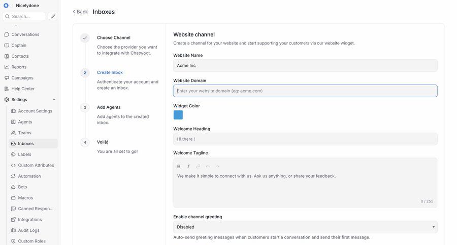 Chatwoot
			 configuration settings onboarding form form layout channel management sidebar modern configuration screen ui page example