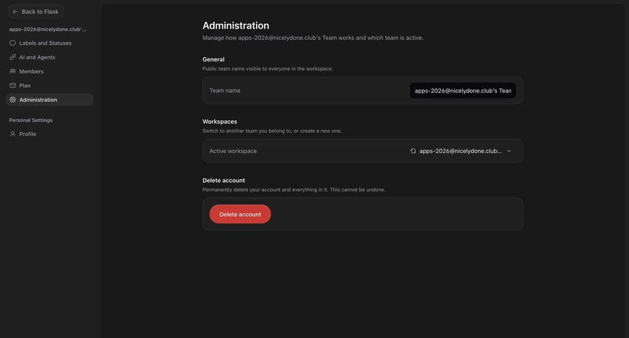 Flask
			settings delete account account settings team settings dark theme navigation bar sidebar settings form team management workspace management account management configuration workspace settings account deletion ui page example