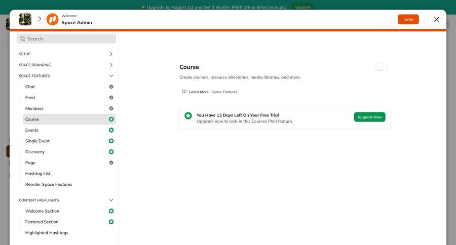 Mighty
			 configuration settings sidebar navigation full screen modal course creation setup ui page example