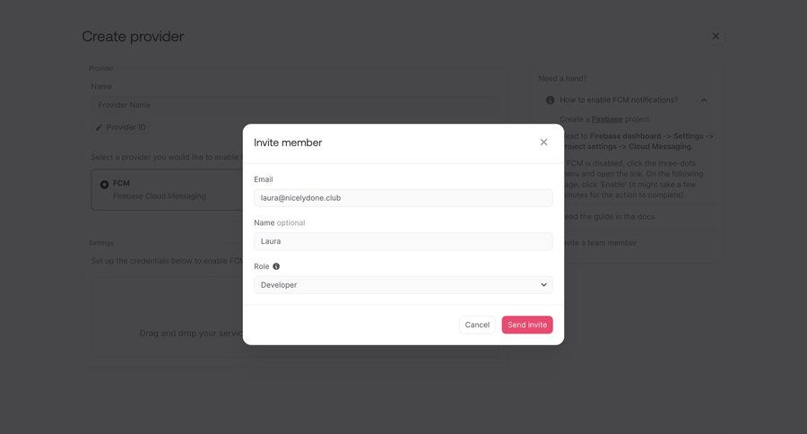 Appwrite
			settings create modal & popover invite teammate user management ui page example