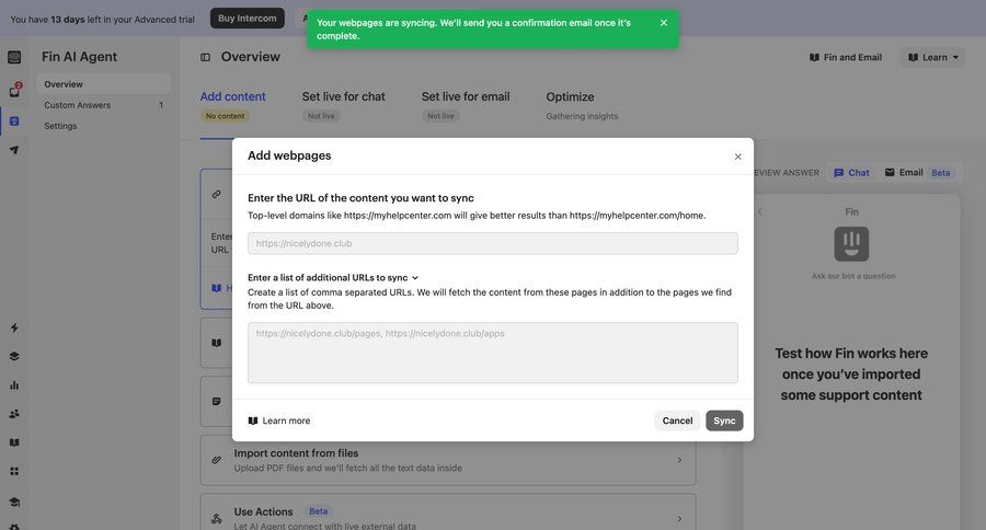 Intercom
			 modal screen content management configuration settings artificial intelligence form import data file upload modal cancel trial wizard data import import file import tool import wizard file upload ui email confirmation file picker connect service ui page example