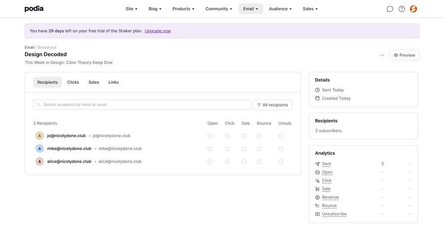 Podia
			 e-commerce dashboard analytics dashboard campaign management performance metrics table analytics ui page example