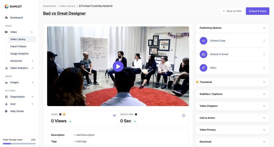 Gumlet
			 content management sidebar navigation video management progress indicator expandable sections right sidebar video player content management system content blocks sidebar product details item details progress bar accordion ui page example