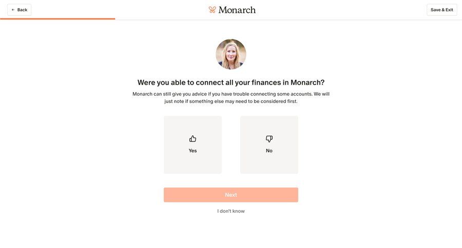 Monarch
			 modal screen account management grid onboarding account setup user settings fintech confirmation feedback collection full screen modal user user termination connect service ui page example