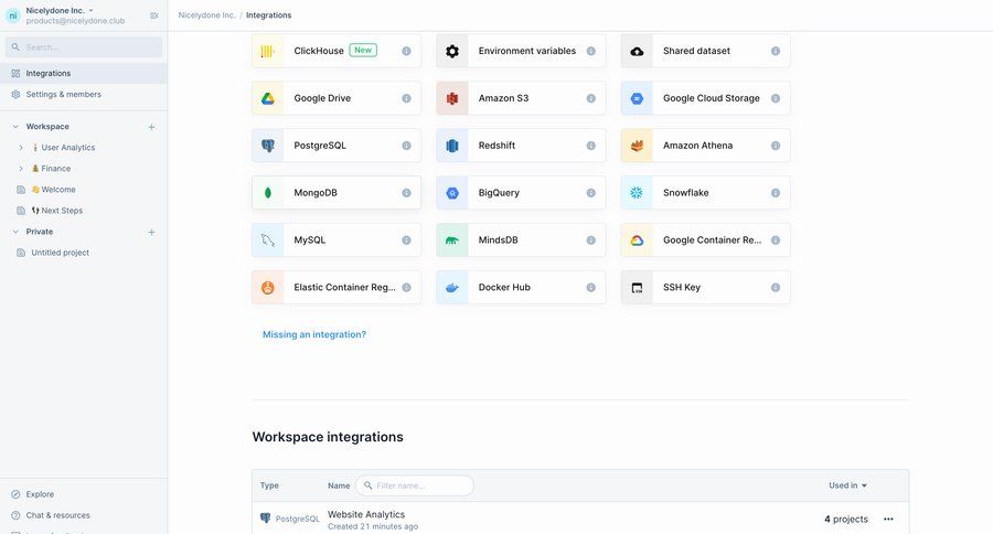 Deepnote
			 grid sidebar data management table sidebar navigation workspace management integration setup dropdown filters data integration data grid workspace integrations ui page example