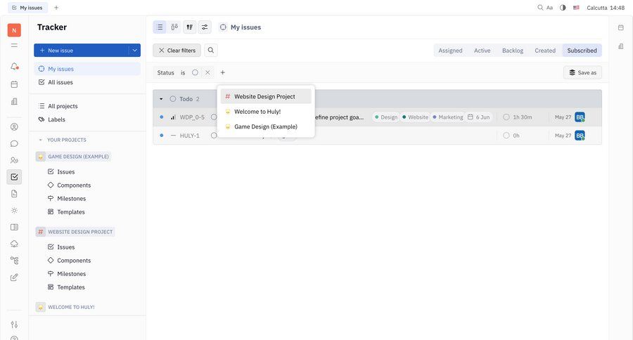 Huly
			 task management dashboard sidebar navigation project management grid project tracking issue tracking sidebar menu monitoring table project dashboard ui page example