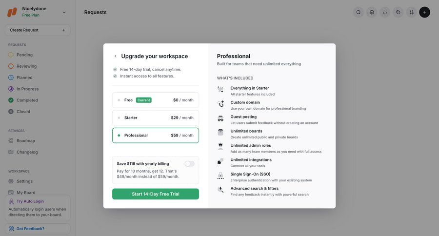 UserJot
			plans & pricing (in app) modal & popover upgrade your account free trial ui page example