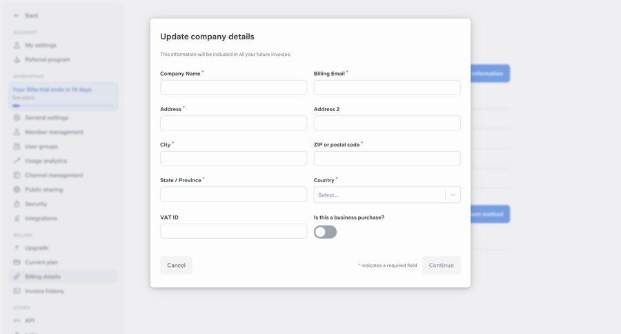 Slite
			 settings account management form cancel action call to action update ui page example