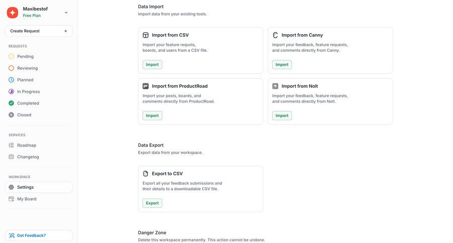UserJot
			settings import delete account export workspace settings data management settings data export import data sidebar data import ui page example