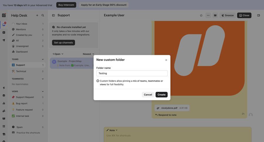 Intercom
			 configuration team collaboration dashboard sidebar navigation form modal dialog file upload folder management cancel trial sidebar crm dashboard contextual help ui page example
