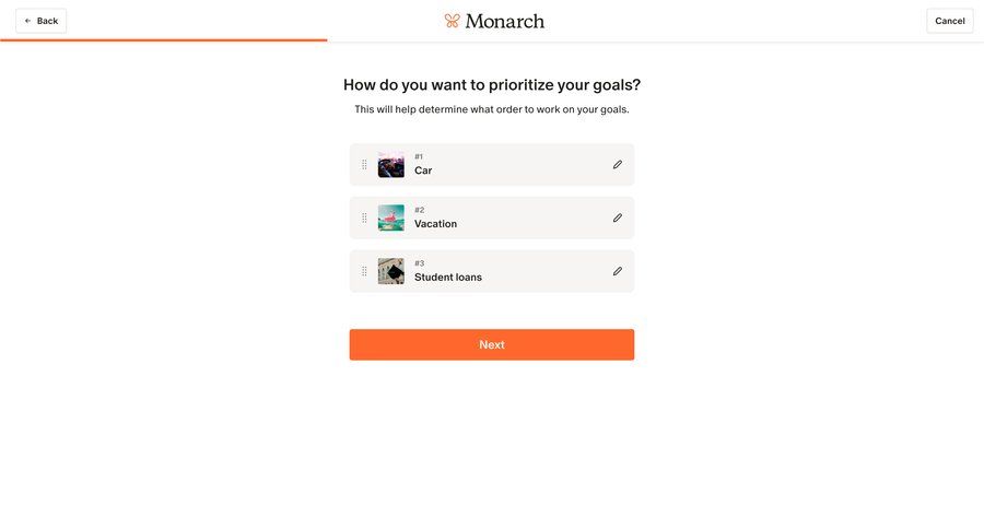 Monarch
			 modal screen onboarding finance lists order tracking ui page example