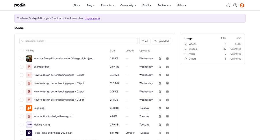Podia
			 content management delete file management upload image free trial lists file uploader upload file upload media upload documents media gallery download media assets date filter search bar pagination controls ui page example