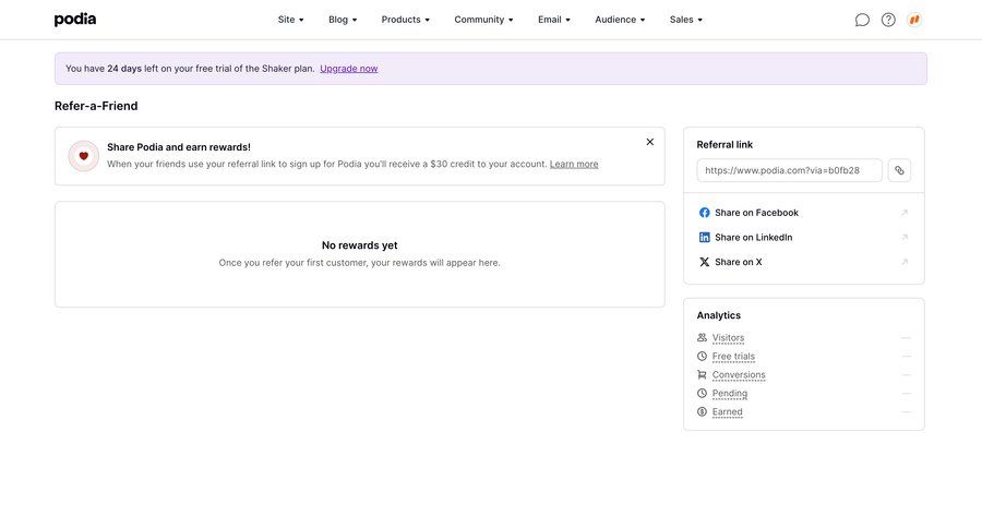 Podia
			referral & invite your friends e-commerce dashboard analytics dashboard user account free trial ui page example