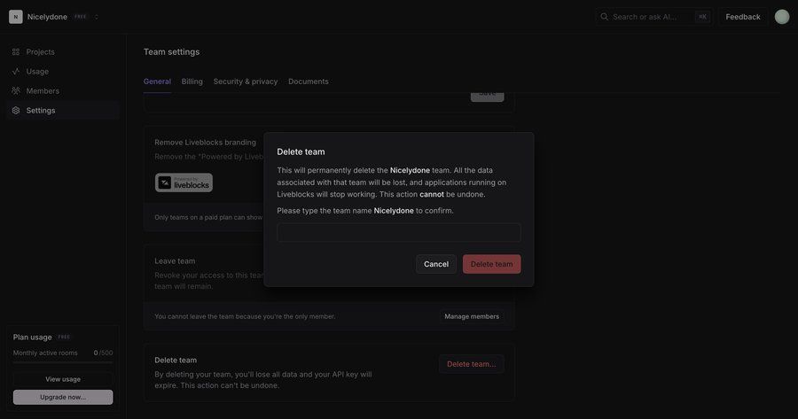 Liveblocks
			 data management account management confirmation screen minimalist design cancel action ui page example