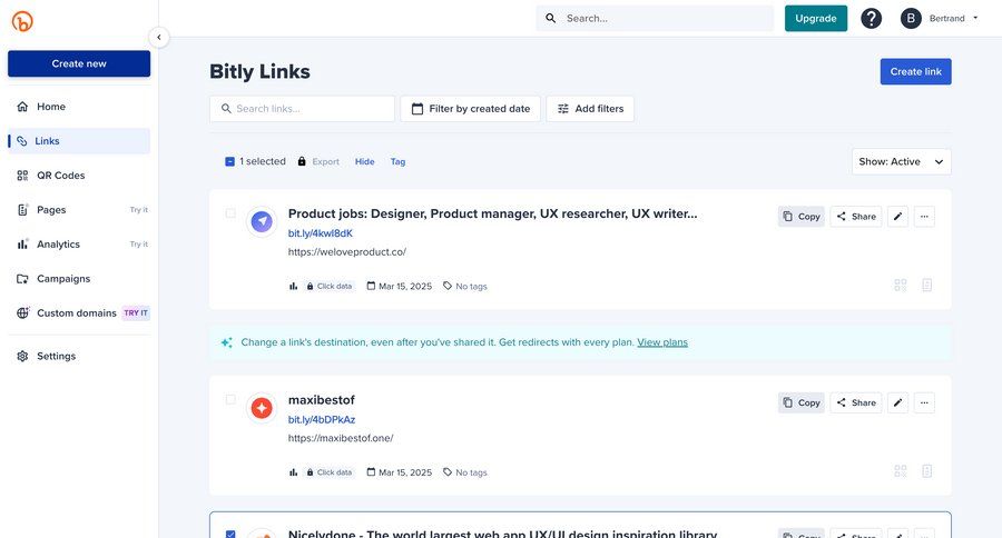 Bitly
			 dashboard export content sharing manage links sidebar lists menu filter ui date filter ui page example