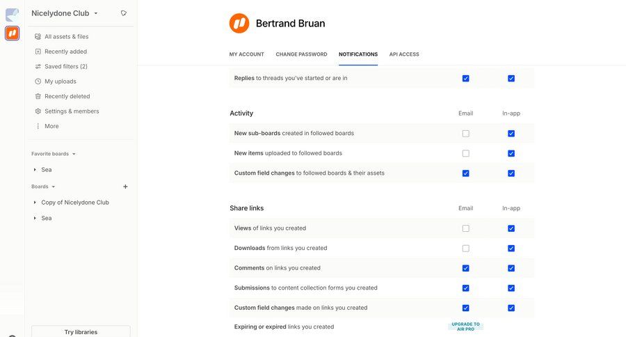 Air
			 collaboration settings project management grid onboarding account setup user settings account settings notification management preferences notification settings ui page example