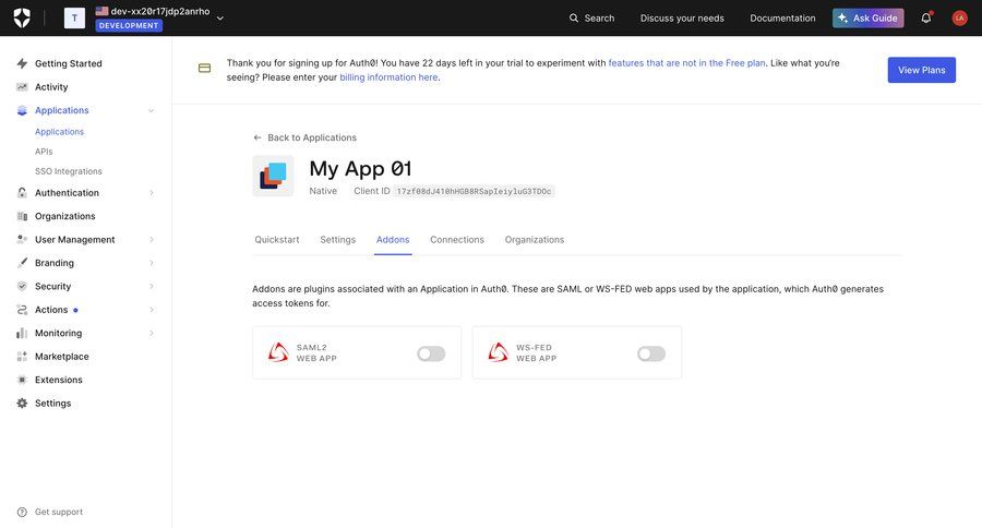 Auth0
			 configuration settings sidebar navigation authentication application management trial banner getting started sidebar product details item details setup modern ui page example