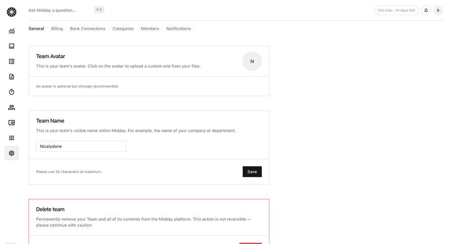 Midday
			 settings sidebar navigation onboarding form account setup account settings account deletion confirmation message ui page example