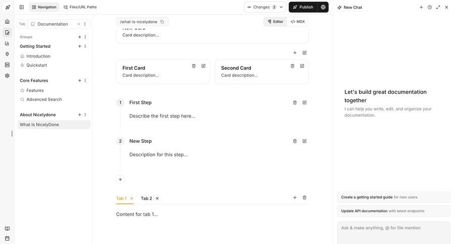 Documentation.AI
			 content management collaboration sidebar navigation editor hierarchical navigation conversational interface sidebar chat navigation bar documentation chat interface modern version control ui page example