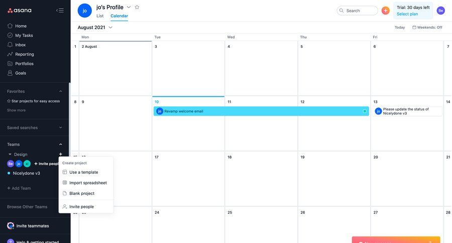 Asana
			 task management modal screen team collaboration project management project creation calendar events calendar screen sidebar date picker datepicker chonology time picker menu modern ui page example