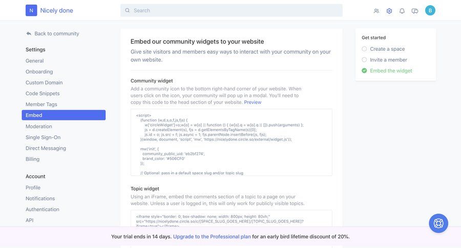 Circle
			 configuration settings onboarding sidebar integration documentation widgets code snippet ui page example