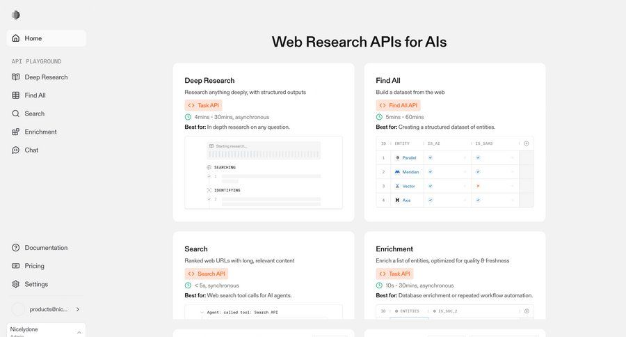 Parallel
			 settings dashboard sidebar navigation artificial intelligence account management api management sidebar documentation table card layout ui page example