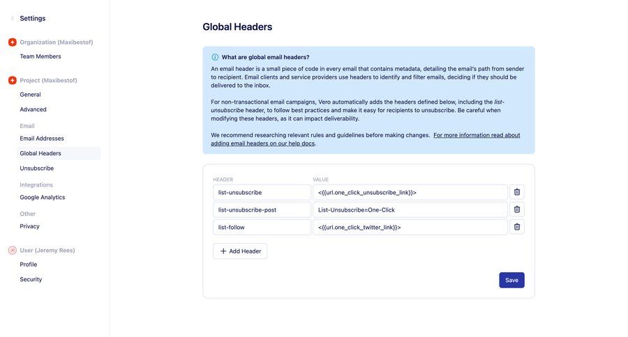 Vero
			 configuration settings sidebar navigation form delete table headers email sidebar table ui page example