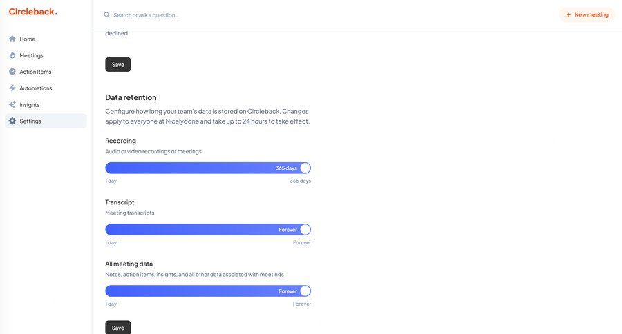 Circleback
			 data management configuration settings transcript ui page example