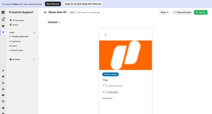 Intercom
			 content management settings customer communication content scheduling sidebar new create menu product update modern crm dashboard duplicate ui page example