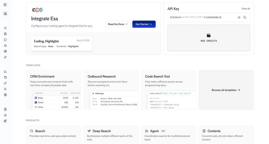 Exa
			 settings dashboard sidebar navigation artificial intelligence onboarding data analytics api management getting started call to action sidebar setup integration modern table code snippet ui page example