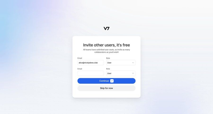 V7
			 modal screen team collaboration user management onboarding form modal interaction user invitation free account user role auth signup create new account register ui page example