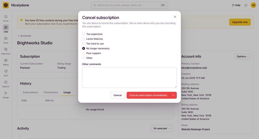 Outseta
			 account management form subscription management user feedback ui page example