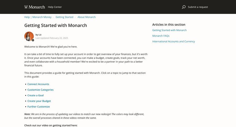 Monarch
			 getting started check out transaction history version history order tracking option menu ui page example