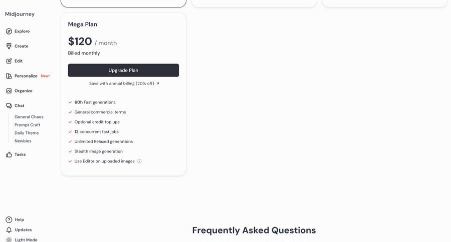 Midjourney
			 artificial intelligence subscription management plan comparison navigation sidebar card layout ui page example