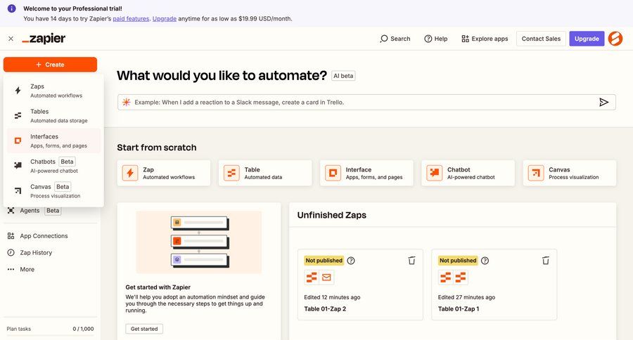 Zapier
			 dashboard workflow onboarding automation templates template library workflow creation template selection content hierarchy sidebar create menu integration search bar card layout ui page example