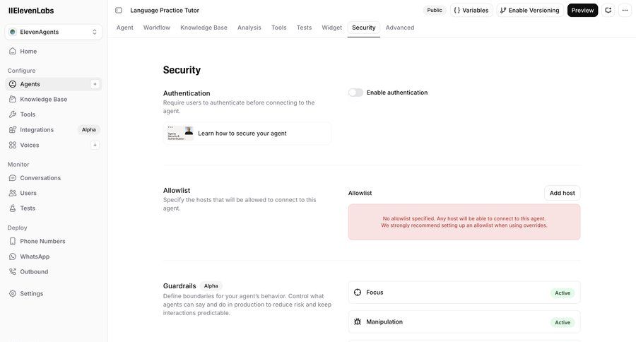 Elevenlabs
			 configuration settings dashboard sidebar navigation artificial intelligence authentication access control content hierarchy hierarchical navigation sidebar security navigation bar modern version control configuration screen security configuration ui page example