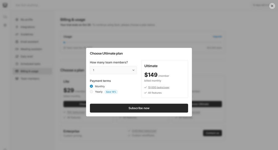 Quin
			 subscription management upgrade modal pricing calculator ui page example