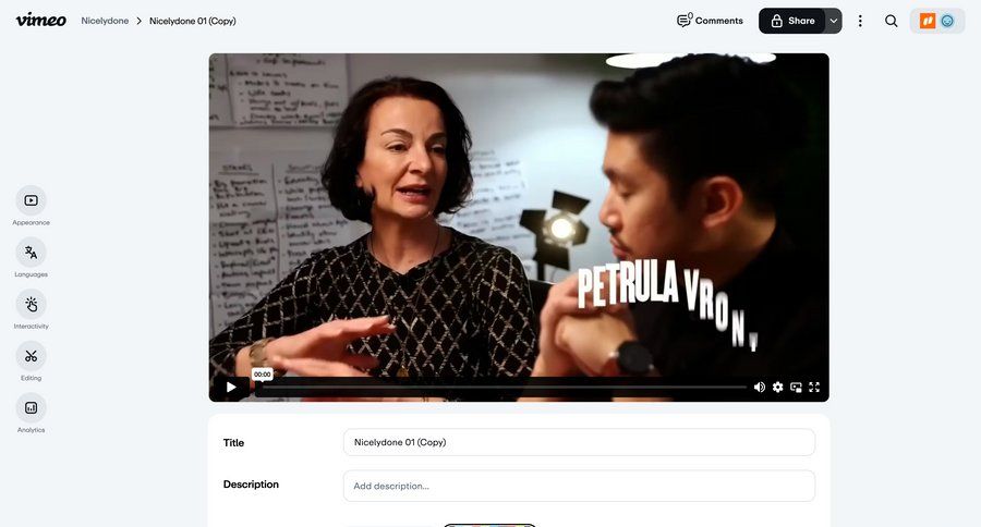 Vimeo
			 content management sidebar navigation form video management full-screen layout video player content management system sidebar menu ui page example