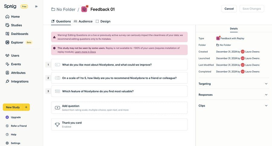 Sprig
			 form user research design save changes dashboard warning sidebar alert create detail view info view modern cancel changes ui page example