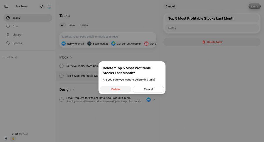 Cobot
			modal & popover delete confirmation task management delete confirmation cancel deletion confirmation message ui page example