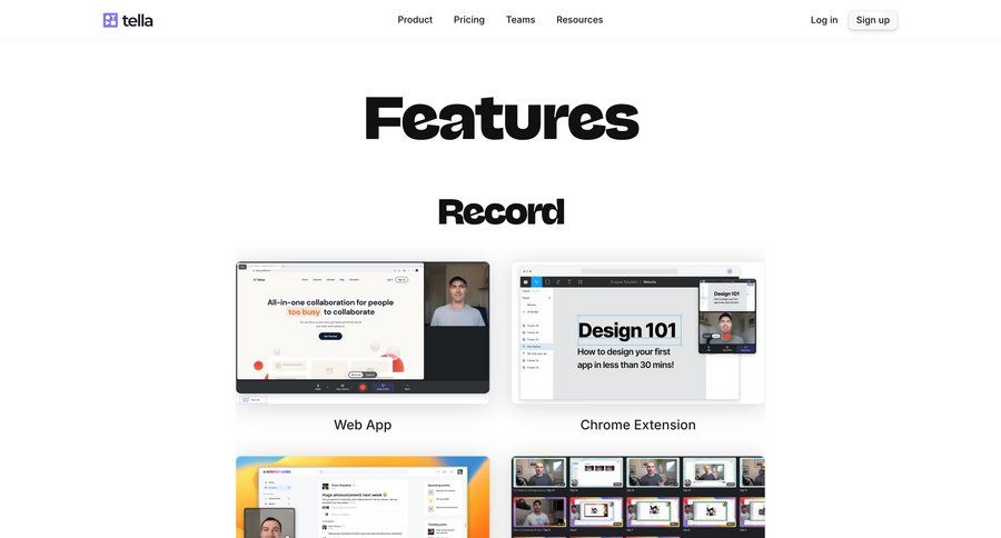 Tella
			 call recording chrome extension features quick actions marketing website design ui page example