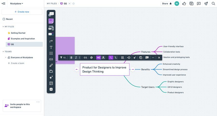 Whimsical
			 collaboration sidebar navigation editor design file management real-time collaboration sidebar create menu sharing mind mapping ui page example