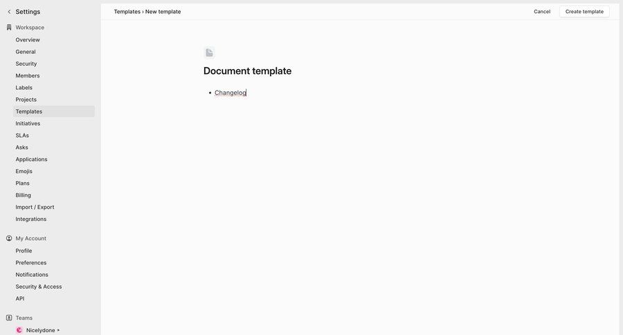 Linear
			 settings sidebar navigation templates document management document list free plan sidebar template creation ui page example