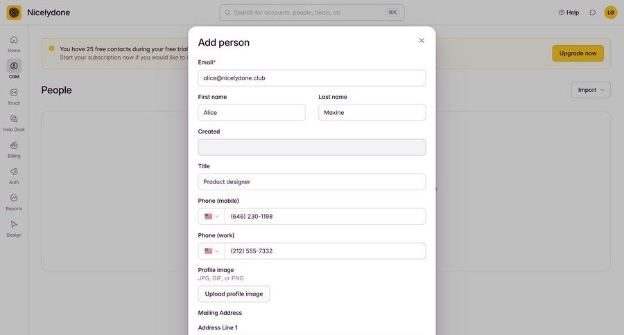 Outseta
			 modal screen user management onboarding form account setup file upload form layout data entry ui page example