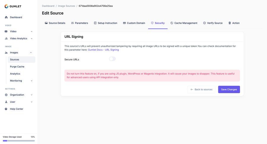 Gumlet
			 configuration settings save changes sidebar security alert security configuration ui page example